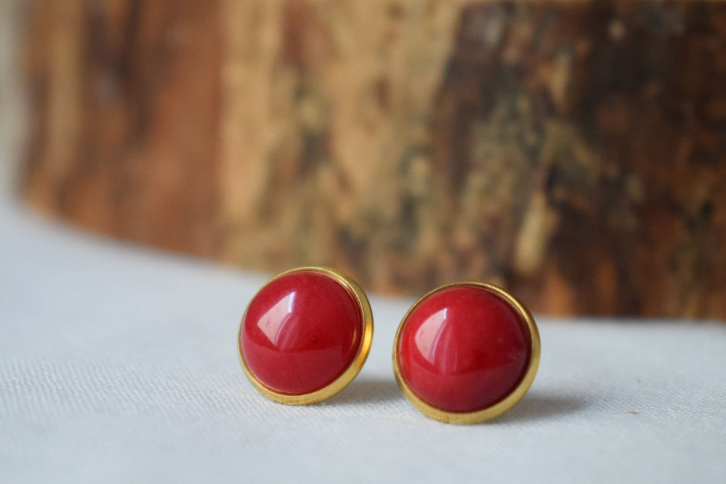 Red Jade Stud Earrings Gold, Gemstone Earrings, 12mm Red Stone Earrings, Red Studs, Jade Jewelry, Push-back, Birthday Anniversary Gift Her