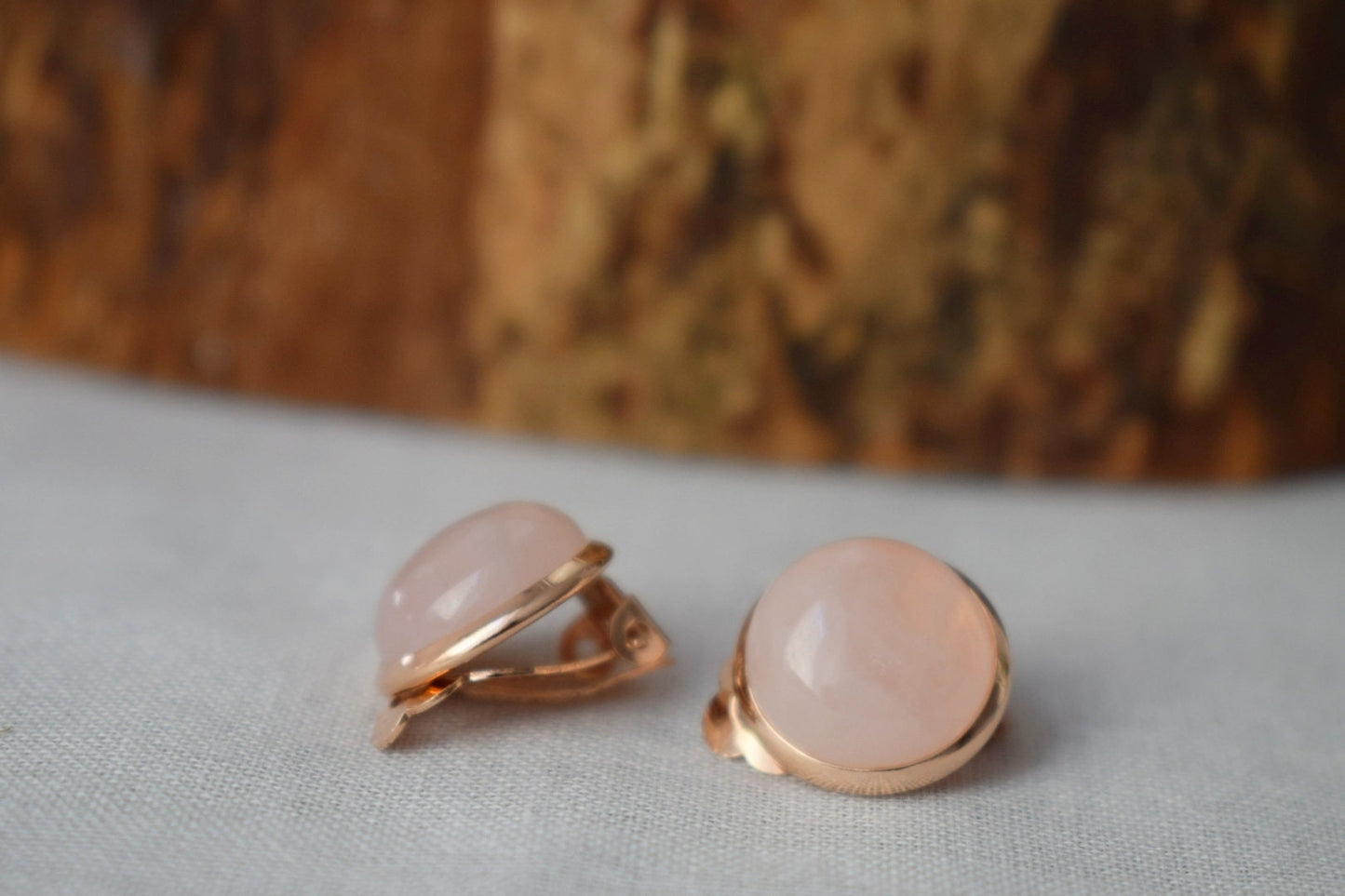 Rose gold clip on earrings rose quartz for women, Gemstone, Non pierced earrings, Pink stone, Stainless steel, Rose Quartz jewelry