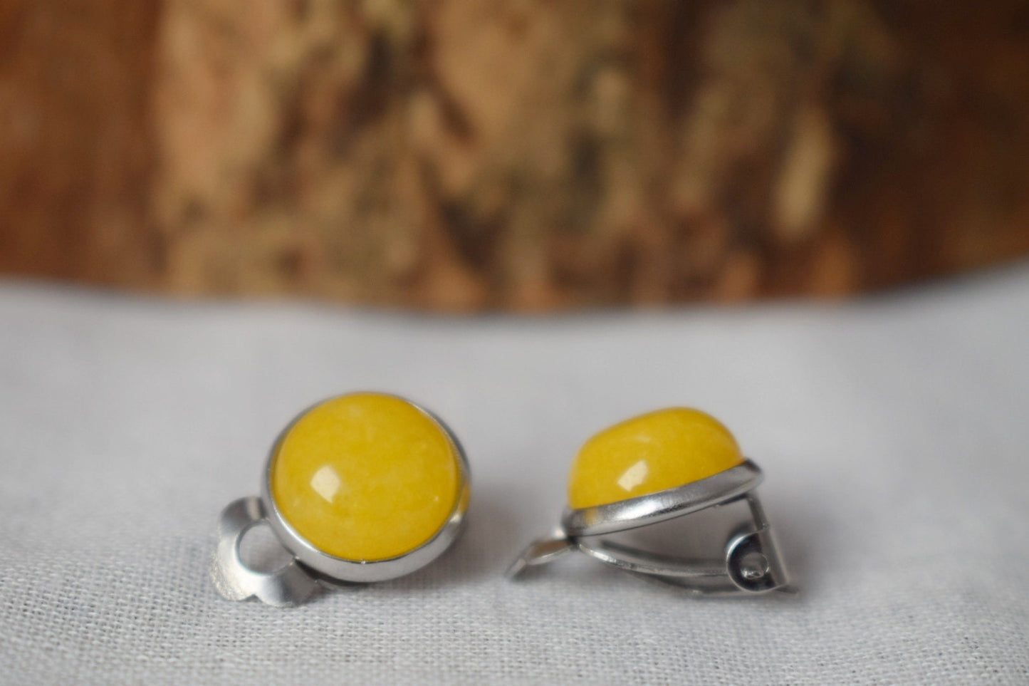 Small yellow jade clip on earrings, Gemstone non pierced earrings for women, No hole surgical stainless steel earrings, Minimalist jewelry