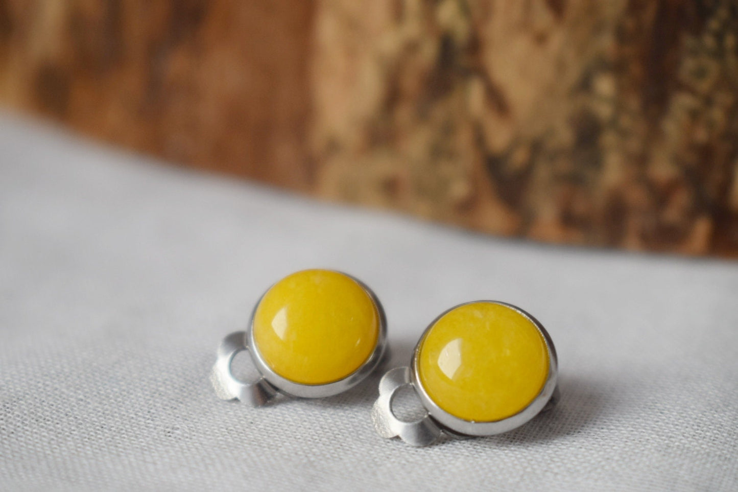 Small yellow jade clip on earrings, Gemstone non pierced earrings for women, No hole surgical stainless steel earrings, Minimalist jewelry