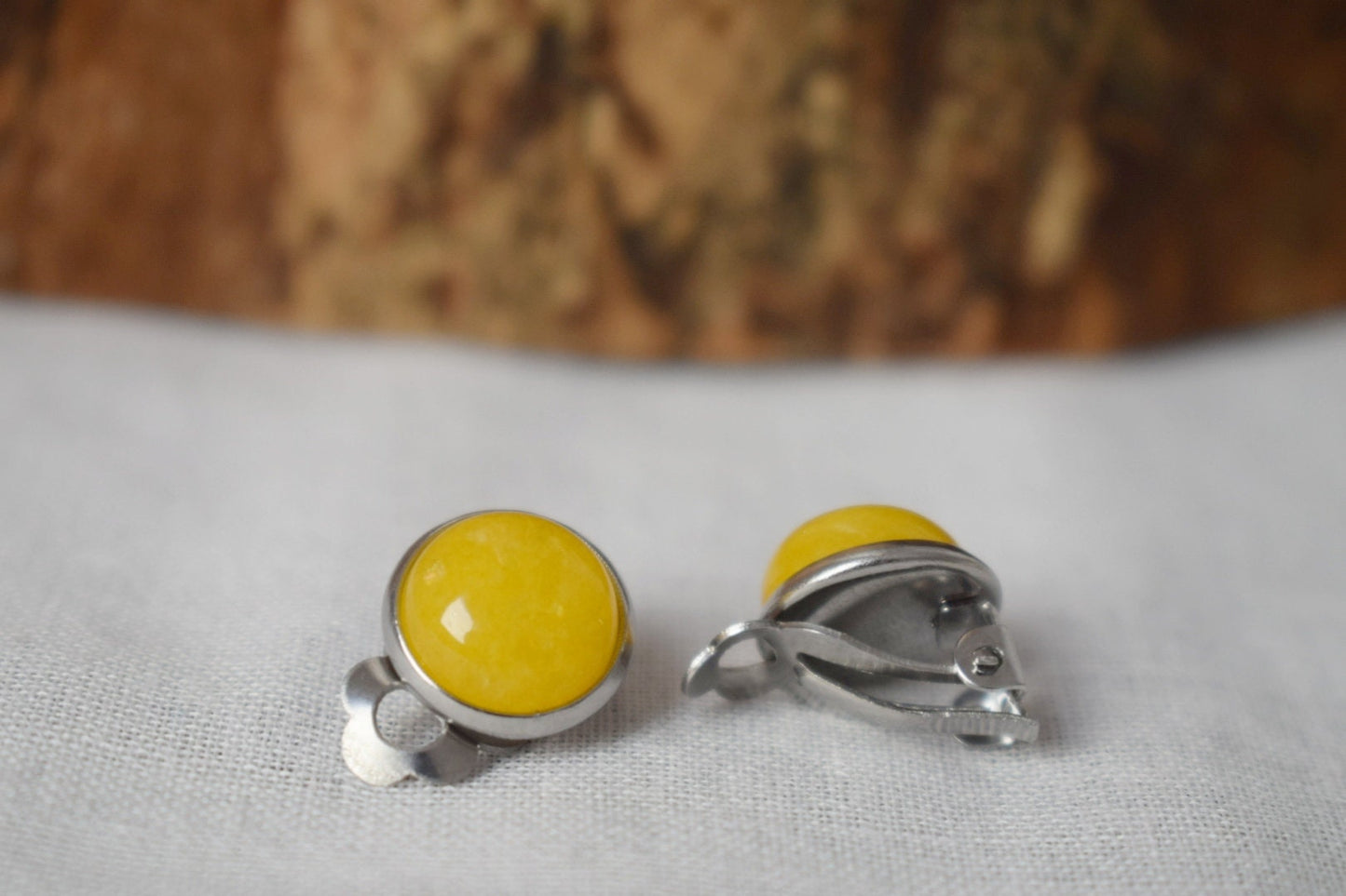 Small yellow jade clip on earrings, Gemstone non pierced earrings for women, No hole surgical stainless steel earrings, Minimalist jewelry