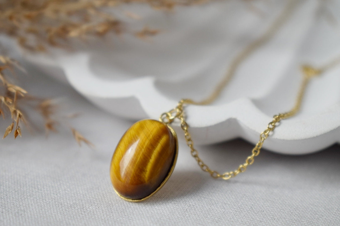 Necklace Oval Tiger Eye Gemstone Pendant, Tigers Eye Gold Plated Stainless Steel Jewelry, Long Brown Gold Birthstone, Christmas Gift For Her