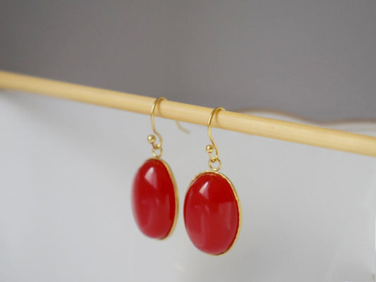 Red jade earrings dangle, Red gold statement earrings, Hanging oval gemstone earrings, red earrings for women, Jade jewelry, Gift for her
