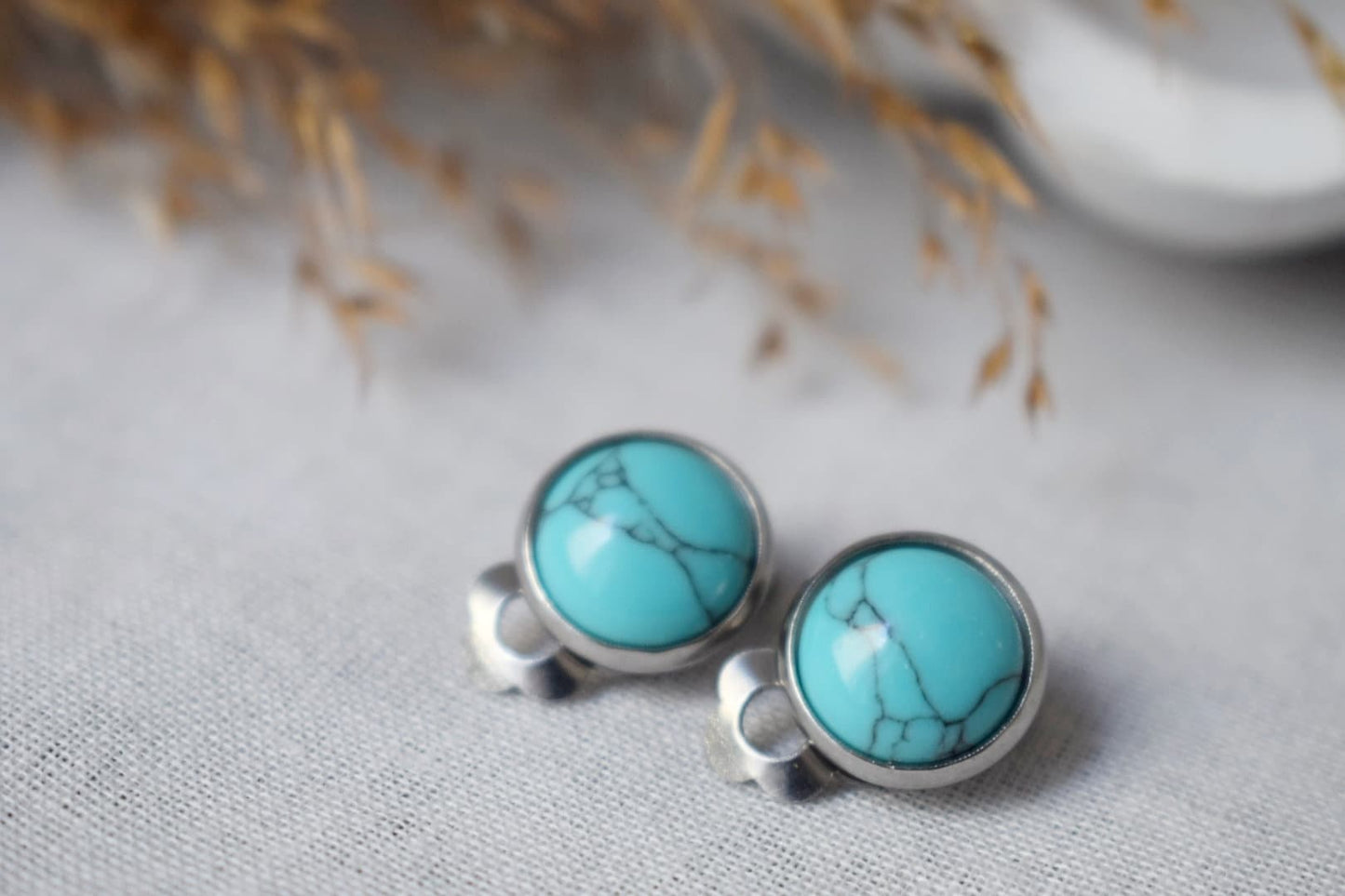 Clip on earrings turquoise, Blue gemstone ear clips for women, Surgical stainless steel non pierced earrings, Lightweight handmade jewelry