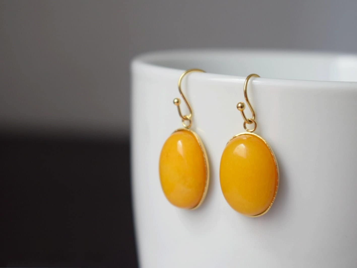 Yellow Jade Earrings Gold, Oval Gemstone Hanging Earrings, Yellow Pendant, Dangle Drop Stone Earrings For Women, Jade Jewelry, Gift For Her