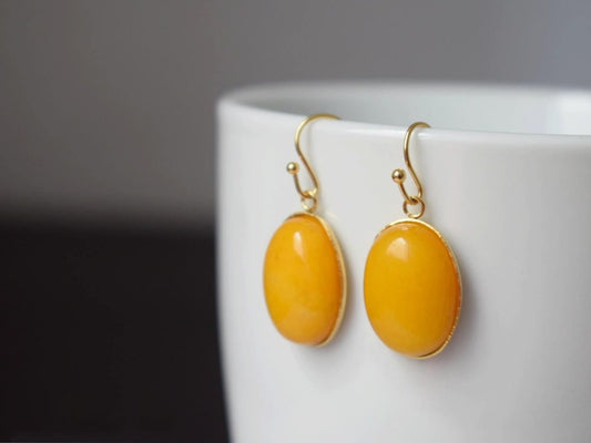 Yellow Jade Earrings Gold, Oval Gemstone Hanging Earrings, Yellow Pendant, Dangle Drop Stone Earrings For Women, Jade Jewelry, Gift For Her