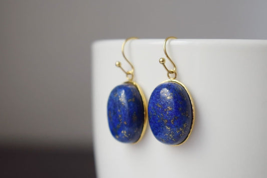 Lapis Lazuli Gold Earrings Dangle, Oval Blue Lapis Earrings, Royal Blue, Hanging earrings, September Birthstone Jewelry, Lapis, Gift for her