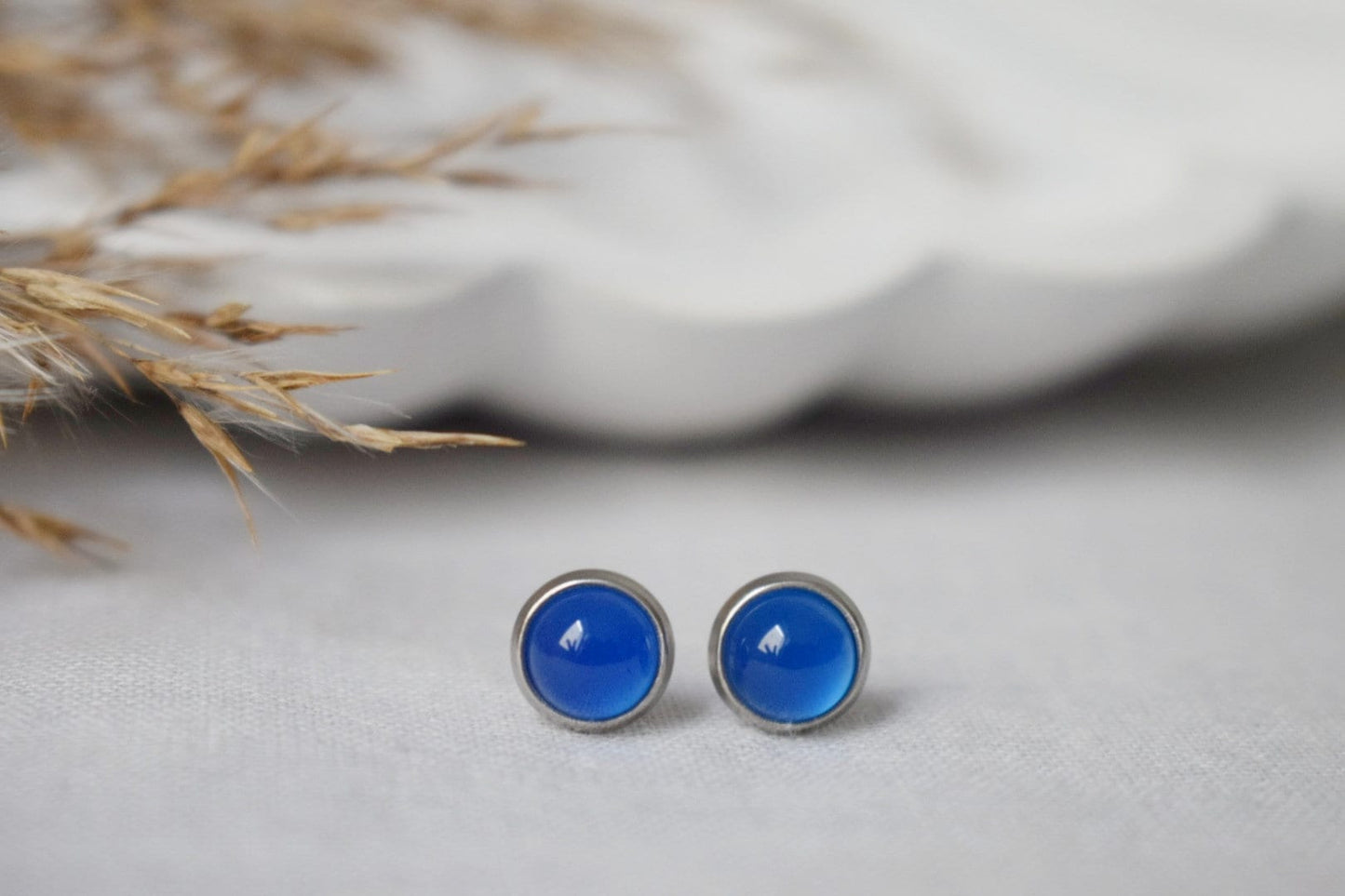 Mini Blue Agate Stud Earrings, 6mm Gemstone Studs, Natural Stone, Small Round Earrings, Minimalist Birthstone Jewelry, Gift For Her