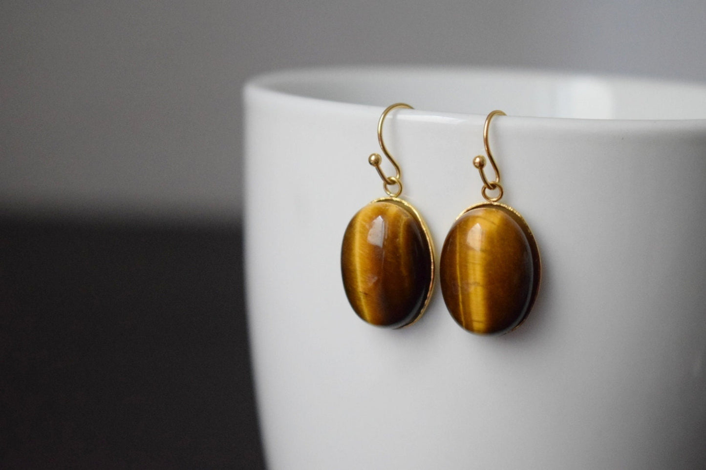 Oval Tiger's Eye Earrings Gold, Gemstone dangle earrings, Gold brown stone hanging earrings, Chakra, Healing stone, Tiger eye jewelry, Gift