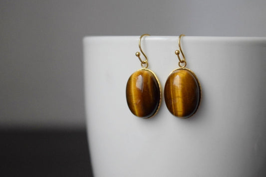 Oval Tiger's Eye Earrings Gold, Gemstone dangle earrings, Gold brown stone hanging earrings, Chakra, Healing stone, Tiger eye jewelry, Gift