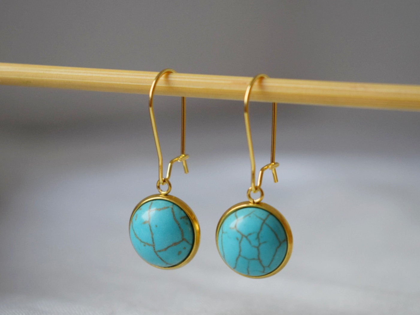 Turquoise earrings dangle, Gemstone hoop earrings gold, Round pendant hanging earrings, Lever back earrings, Turquoise jewelry, Gift for her