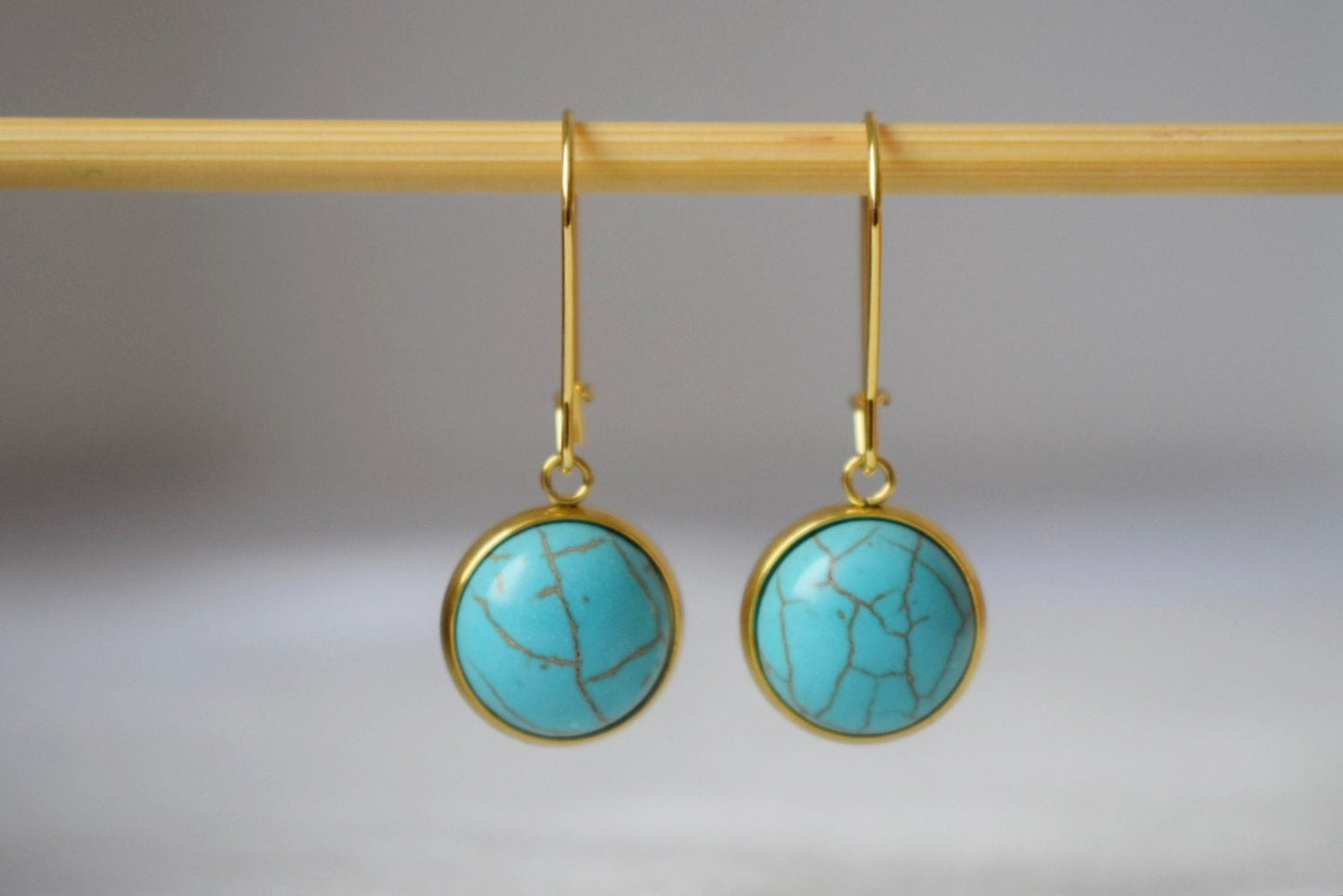 Turquoise earrings dangle, Gemstone hoop earrings gold, Round pendant hanging earrings, Lever back earrings, Turquoise jewelry, Gift for her