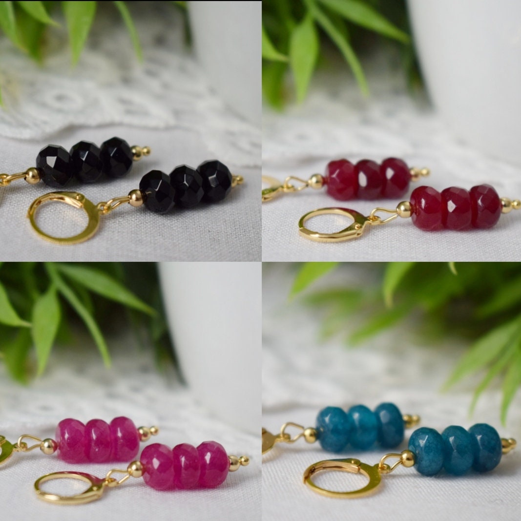 Turquoise dangle earrings gold, Gemstone huggie earrings, Dainty bead earrings, Gold plated stainless steel, Handmade turquoise jewelry