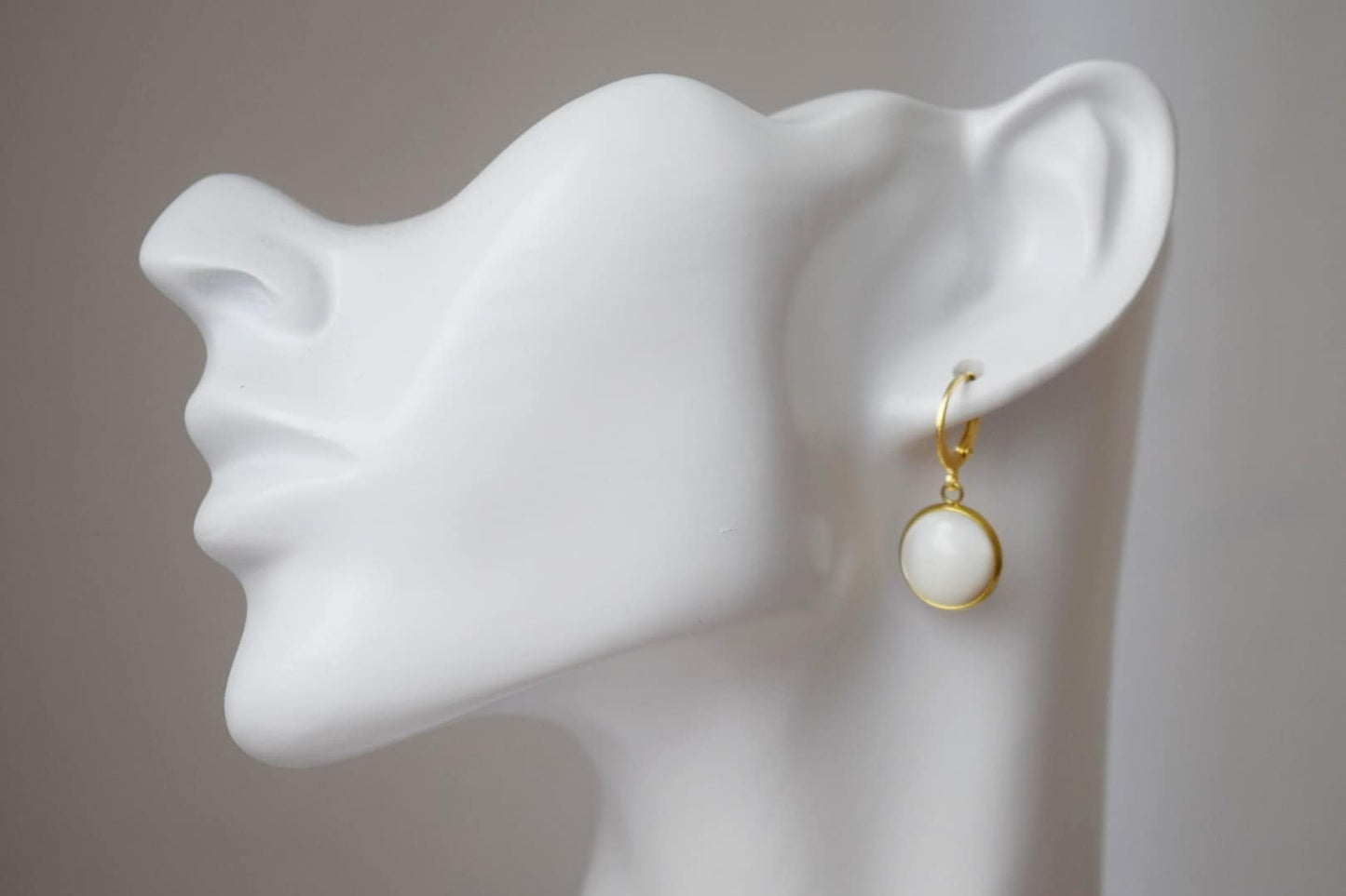 Mother of pearl earrings with gold plated stainless steel huggie hoops 12mm round pendant jewelry gift for herBest christmas gift