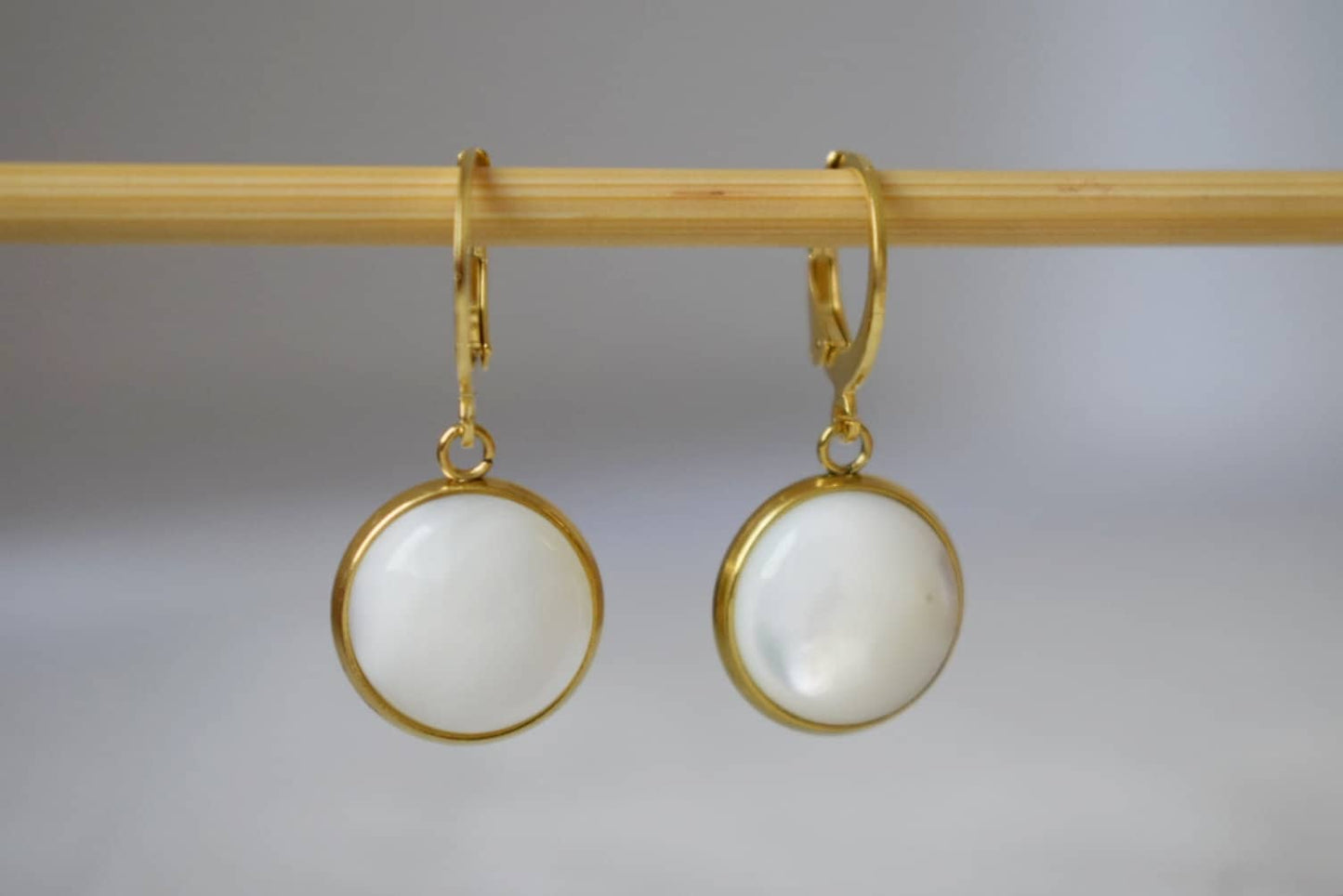 Mother of pearl earrings with gold plated stainless steel huggie hoops 12mm round pendant jewelry gift for herBest christmas gift
