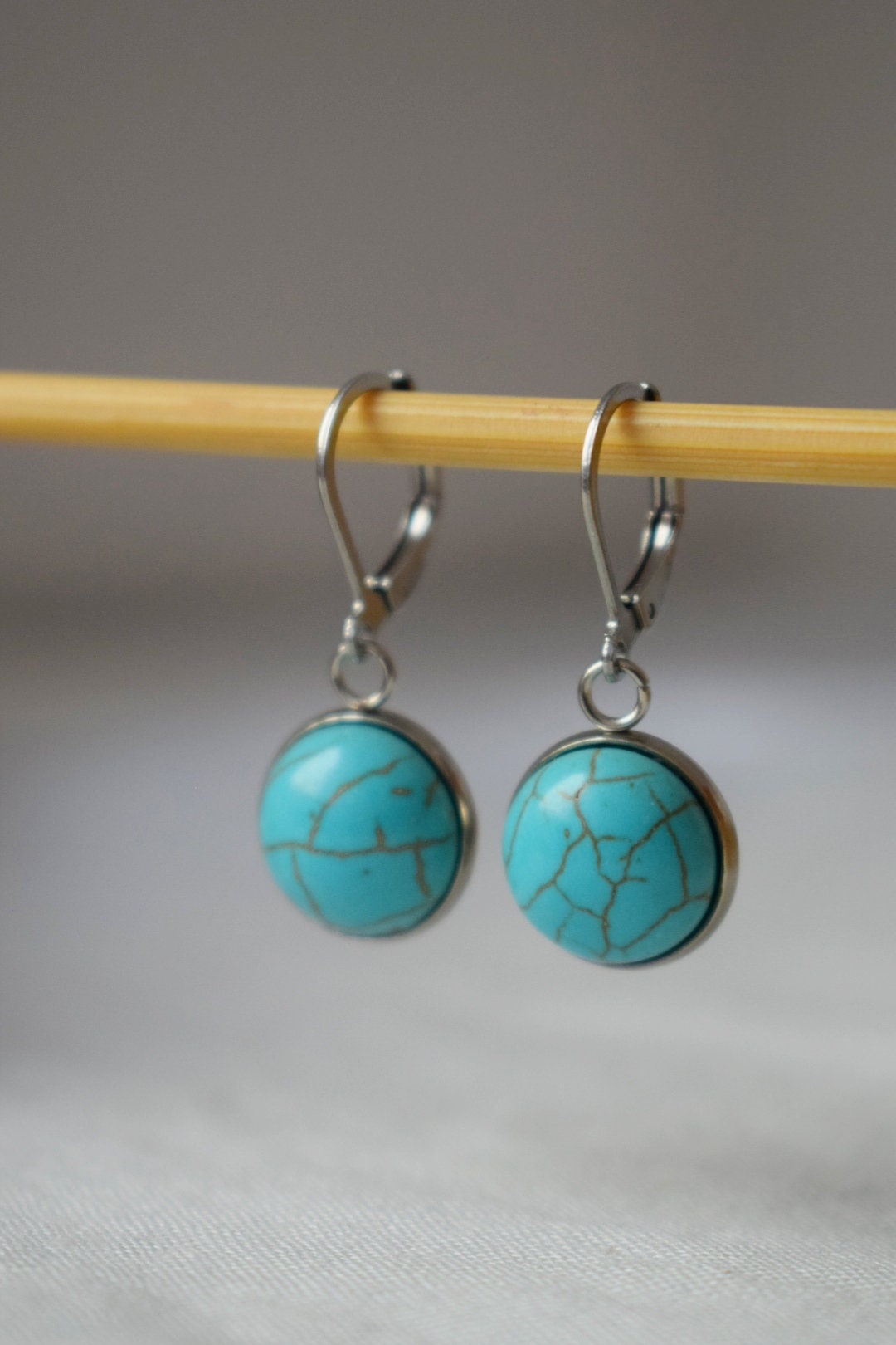 Turquoise Huggie Earrings, Blue Round Gemstone, Boho lightweight Jewelry, Surgical Stainless Steel Hoops, Best Gift For Her