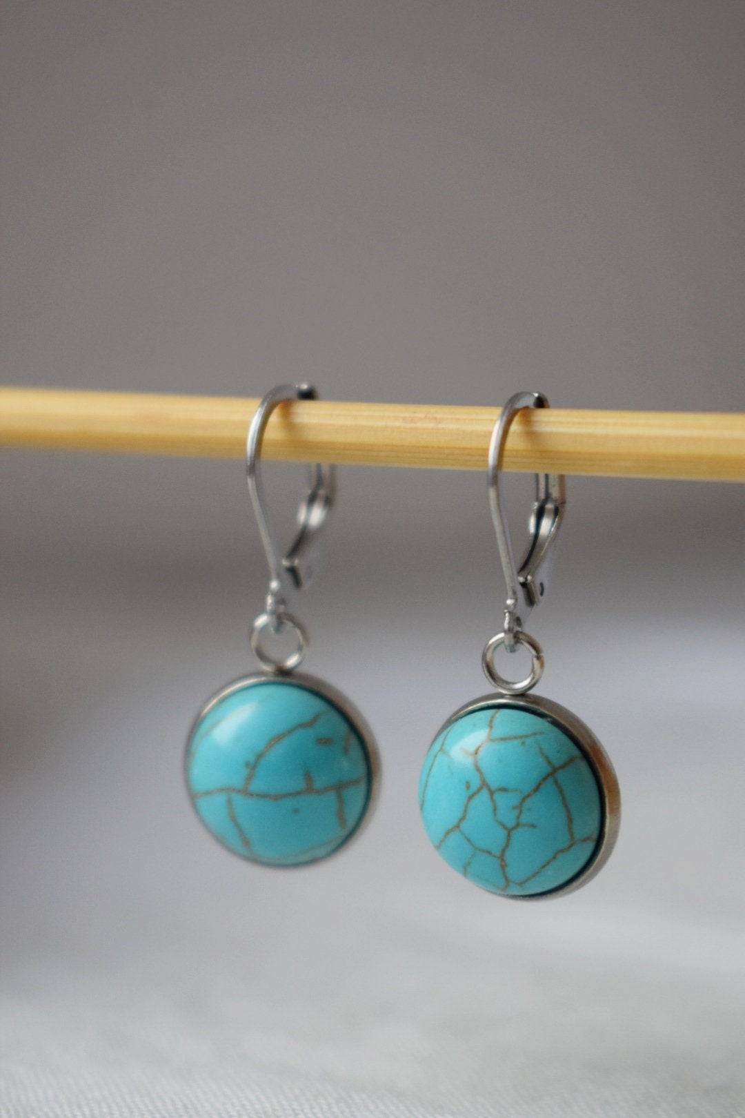 Turquoise Huggie Earrings, Blue Round Gemstone, Boho lightweight Jewelry, Surgical Stainless Steel Hoops, Best Gift For Her