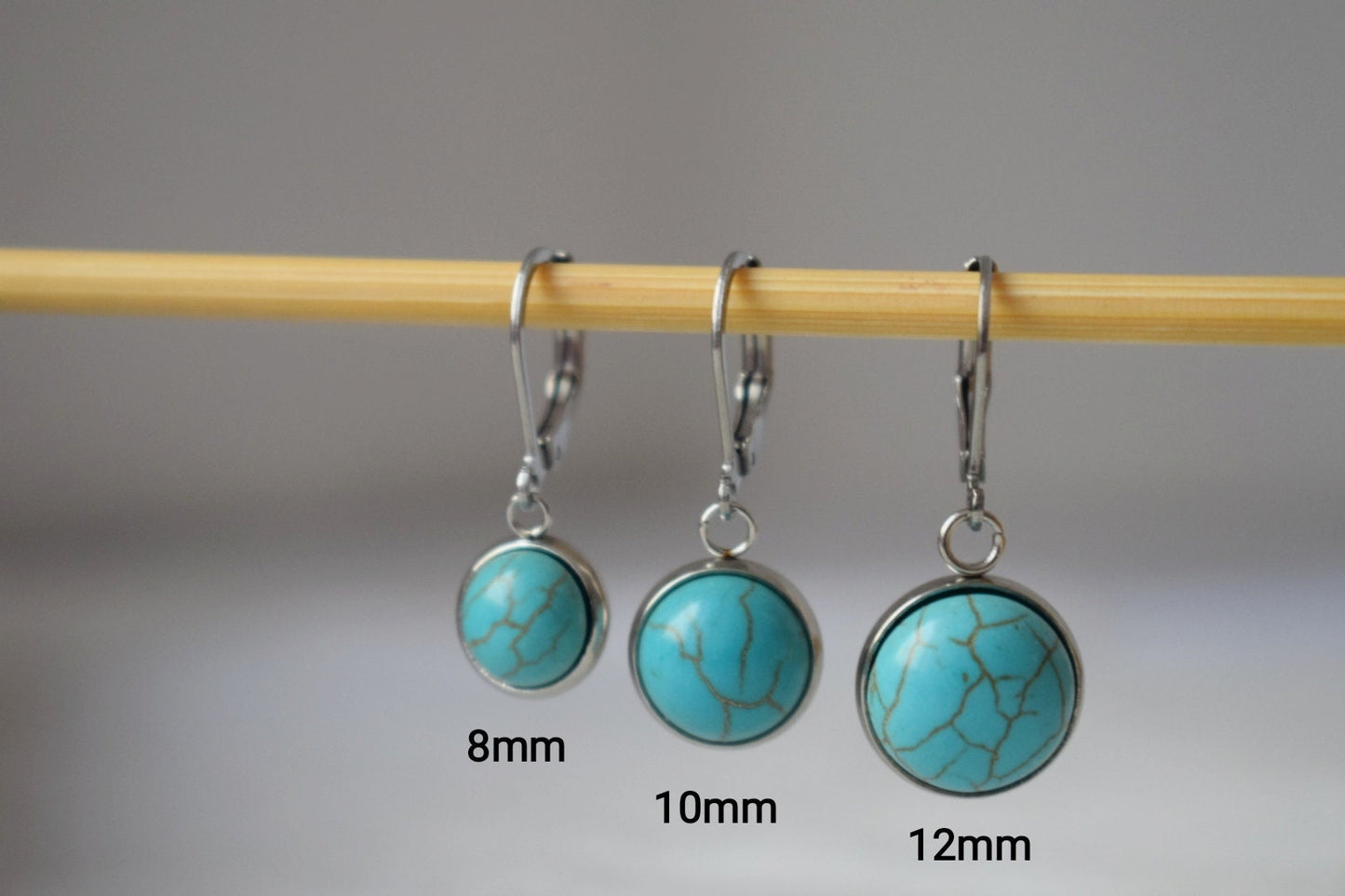 Turquoise Huggie Earrings, Blue Round Gemstone, Boho lightweight Jewelry, Surgical Stainless Steel Hoops, Best Gift For Her