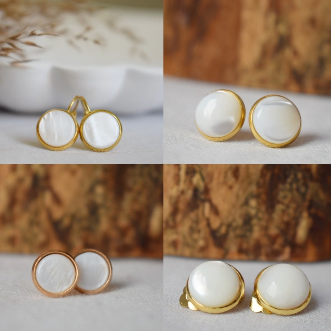 Mother of pearl stud earrings, Rose Gold, Small stud earrings, 8mm, White pearl, Round, Stainless steel, Pearl rose gold jewelry, Gift women