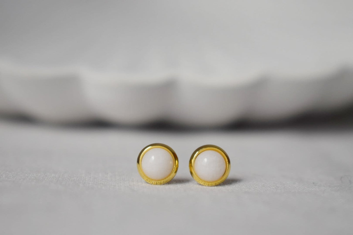 Mini Gemstone Stud Earrings, White jade studs, 6mm golden Push-back Earrings, Small round earrings, Minimalist jewelry, Mother's day gift