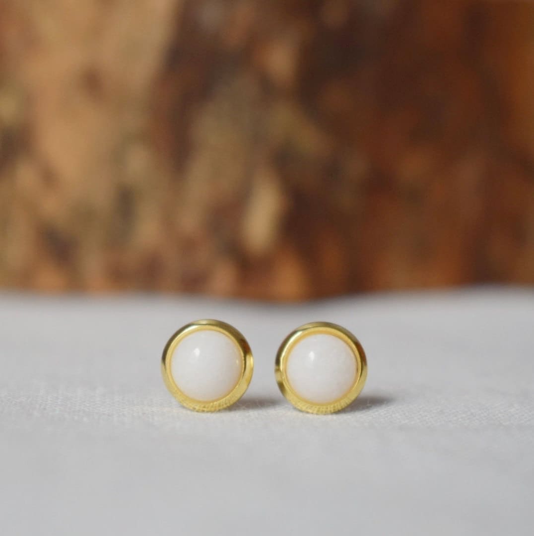Mini Gemstone Stud Earrings, White jade studs, 6mm golden Push-back Earrings, Small round earrings, Minimalist jewelry, Mother's day gift