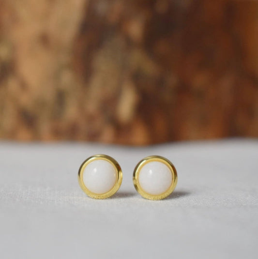 Mini Gemstone Stud Earrings, White jade studs, 6mm golden Push-back Earrings, Small round earrings, Minimalist jewelry, Mother's day gift
