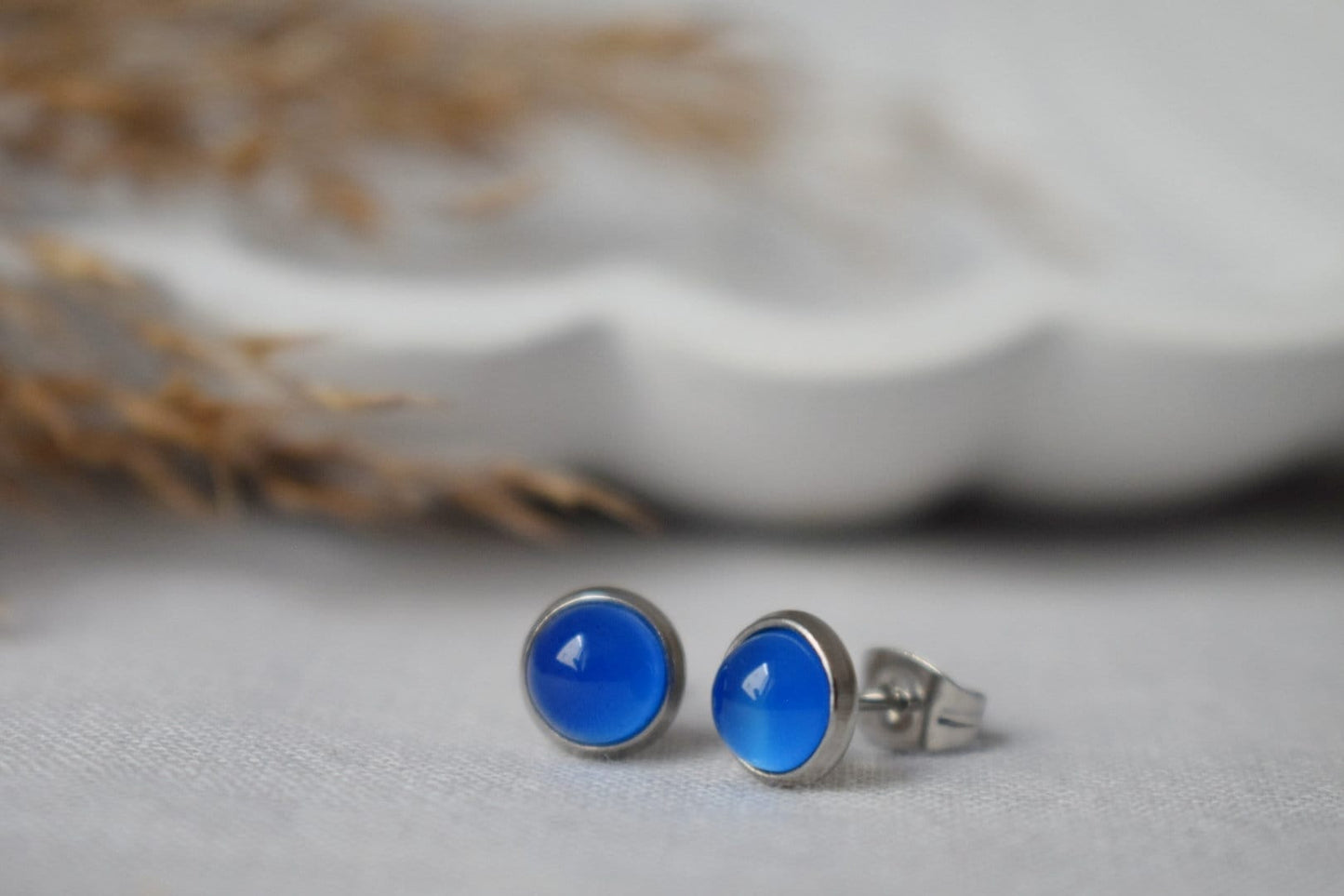 Mini Blue Agate Stud Earrings, 6mm Gemstone Studs, Natural Stone, Small Round Earrings, Minimalist Birthstone Jewelry, Gift For Her