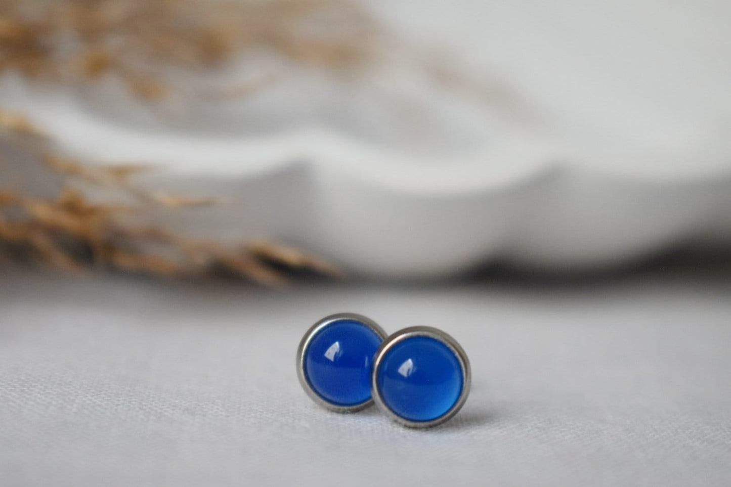 Mini Blue Agate Stud Earrings, 6mm Gemstone Studs, Natural Stone, Small Round Earrings, Minimalist Birthstone Jewelry, Gift For Her