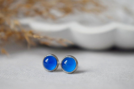 Mini Blue Agate Stud Earrings, 6mm Gemstone Studs, Natural Stone, Small Round Earrings, Minimalist Birthstone Jewelry, Gift For Her