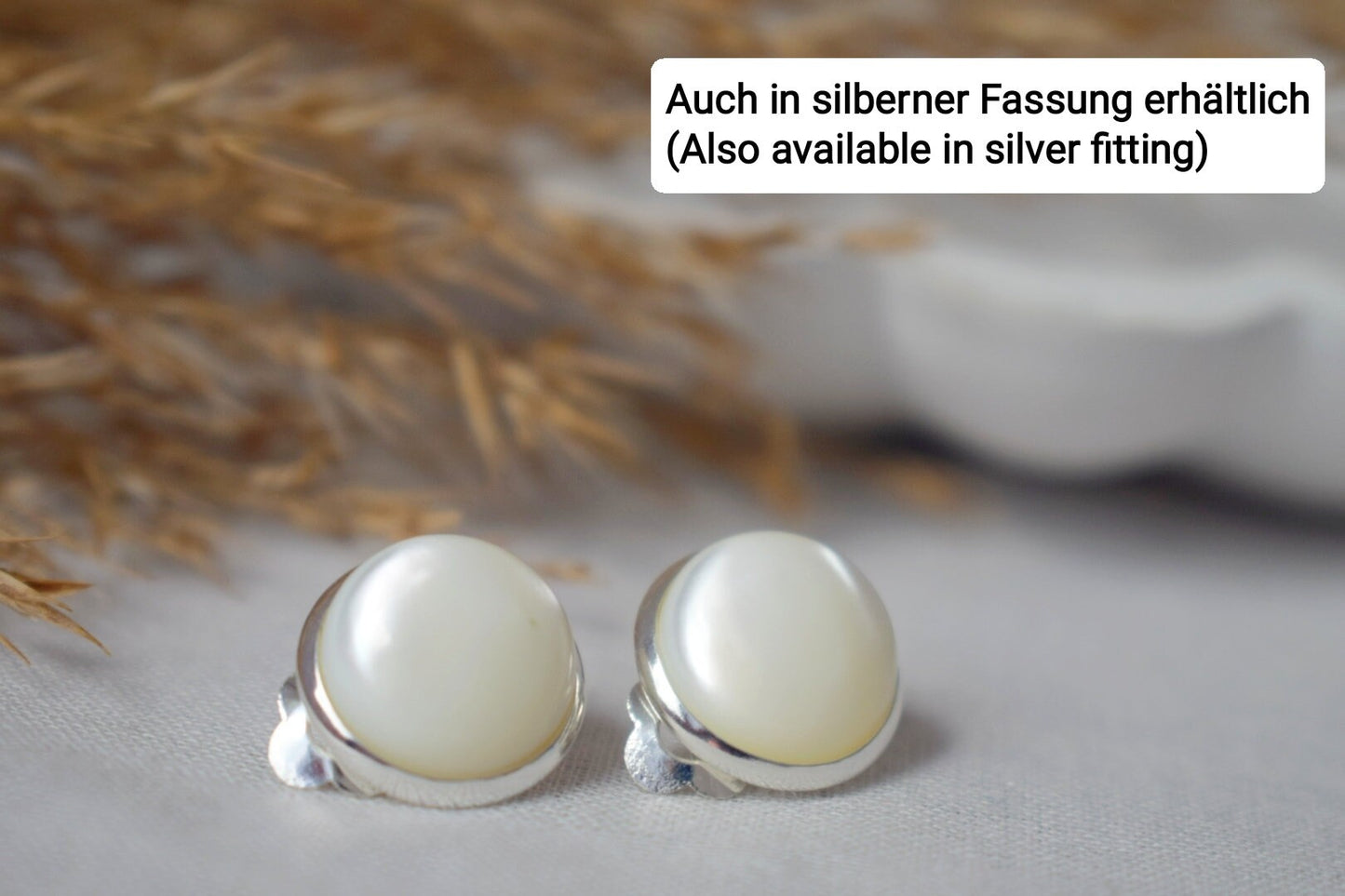 Mother of pearl clip on earrings, 12mm, White pearl shell, Gold plated stainless steel, Pearl ear clips women, Non pierced earrings, Jewelry