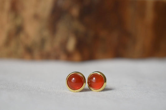 Mini carnelian stud earrings, Gold gemstone earrings, Small round studs, Stainless steel, Red, Carnelian jewelry, Christmas gift for her