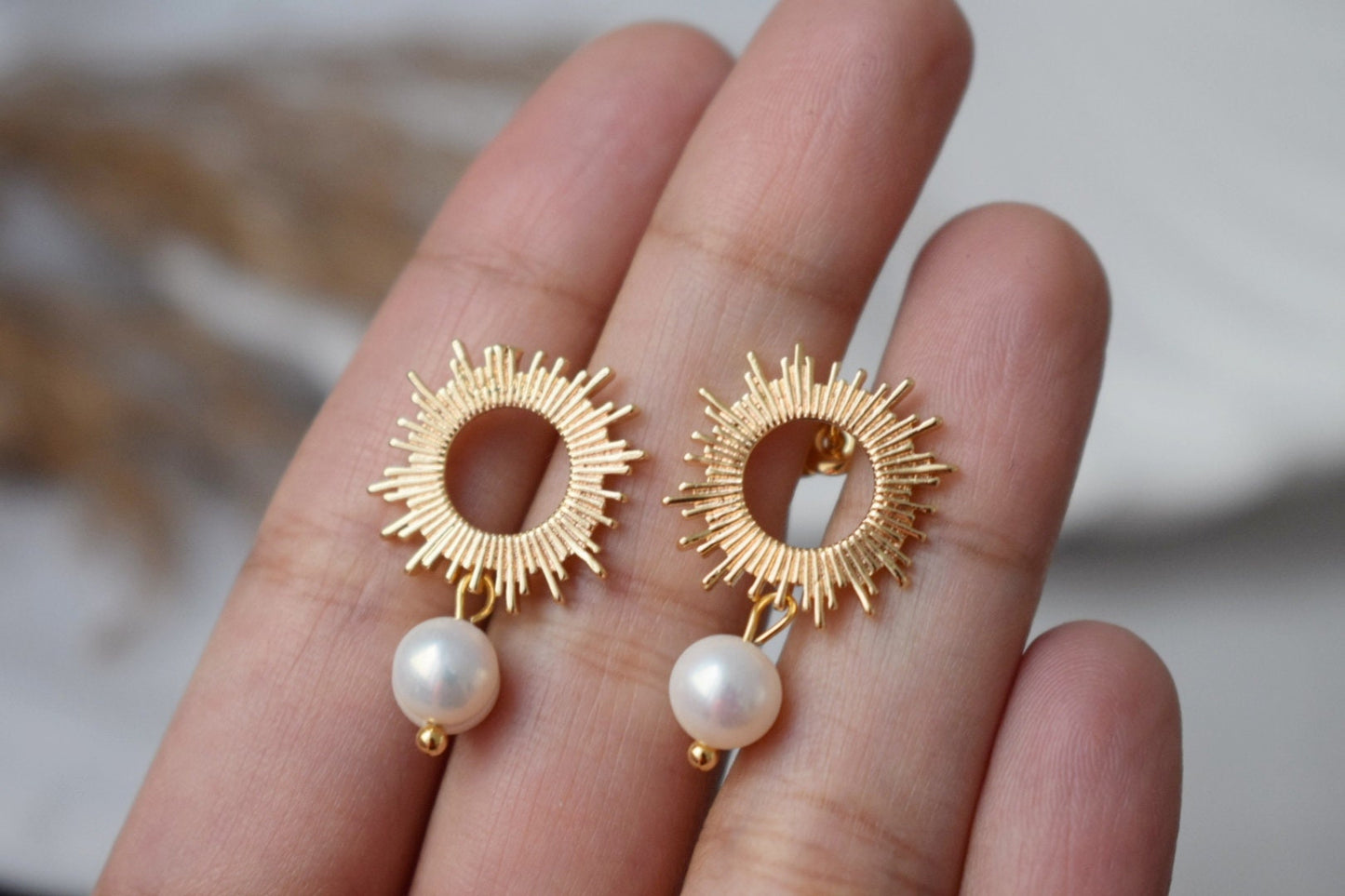 Sun stud earrings with pearl 18K gold plated freshwater pearl jewelry Bridesmaid Wedding Art Deco Sun rays jewelry Gift for her