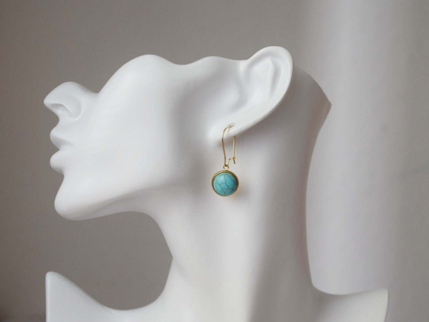 Turquoise earrings dangle, Gemstone hoop earrings gold, Round pendant hanging earrings, Lever back earrings, Turquoise jewelry, Gift for her