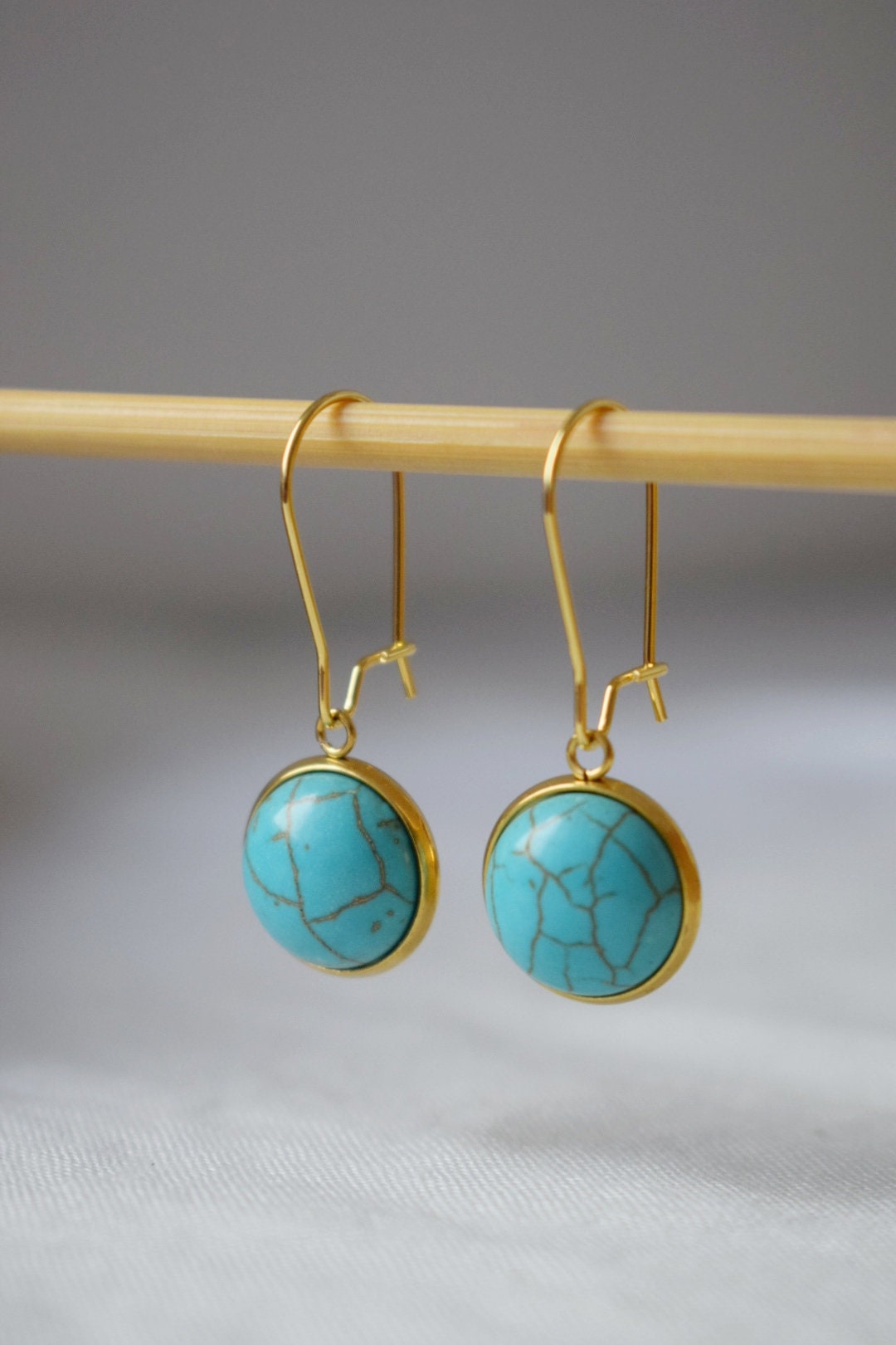 Turquoise earrings dangle, Gemstone hoop earrings gold, Round pendant hanging earrings, Lever back earrings, Turquoise jewelry, Gift for her