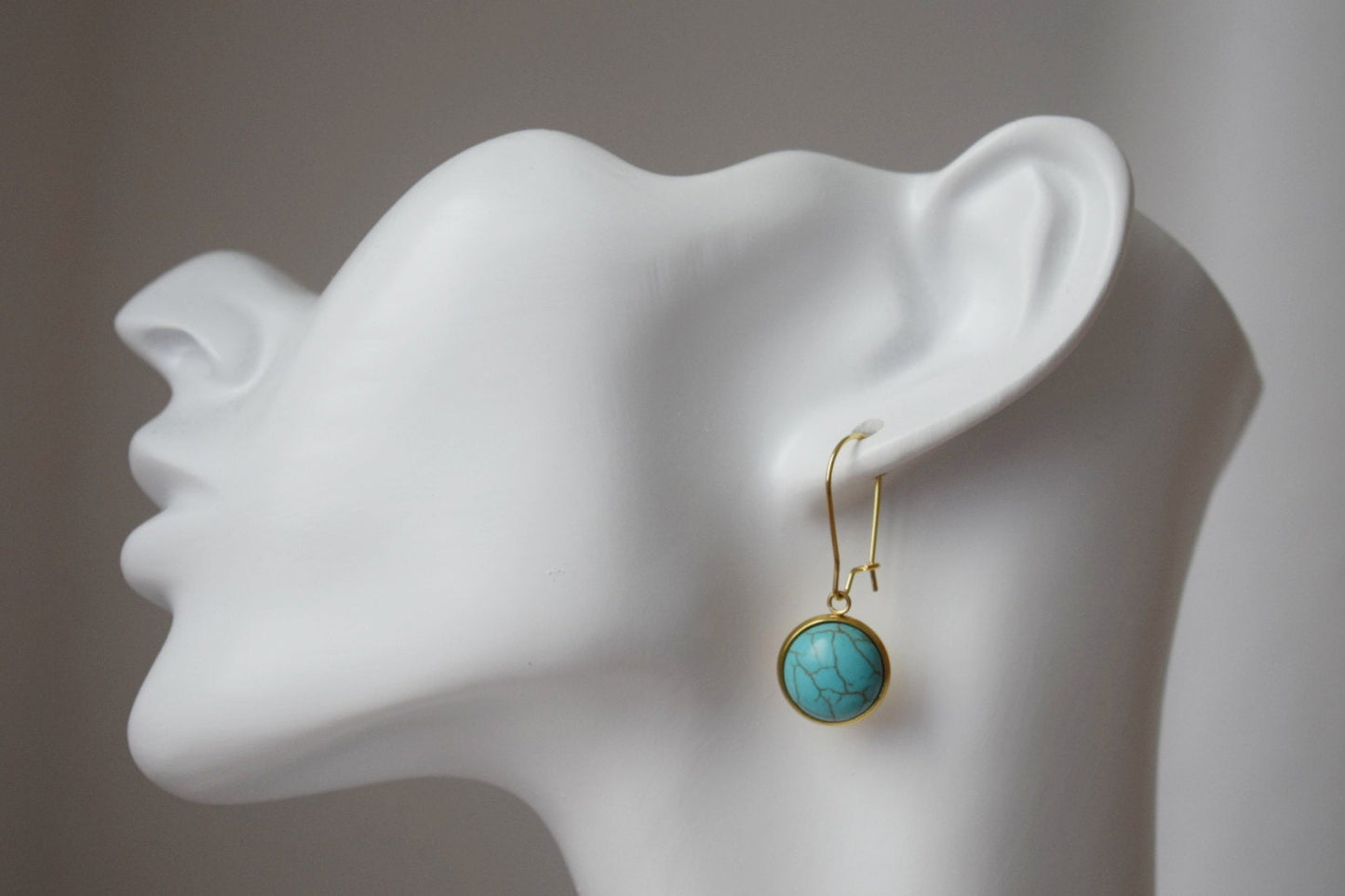 Turquoise earrings dangle, Gemstone hoop earrings gold, Round pendant hanging earrings, Lever back earrings, Turquoise jewelry, Gift for her