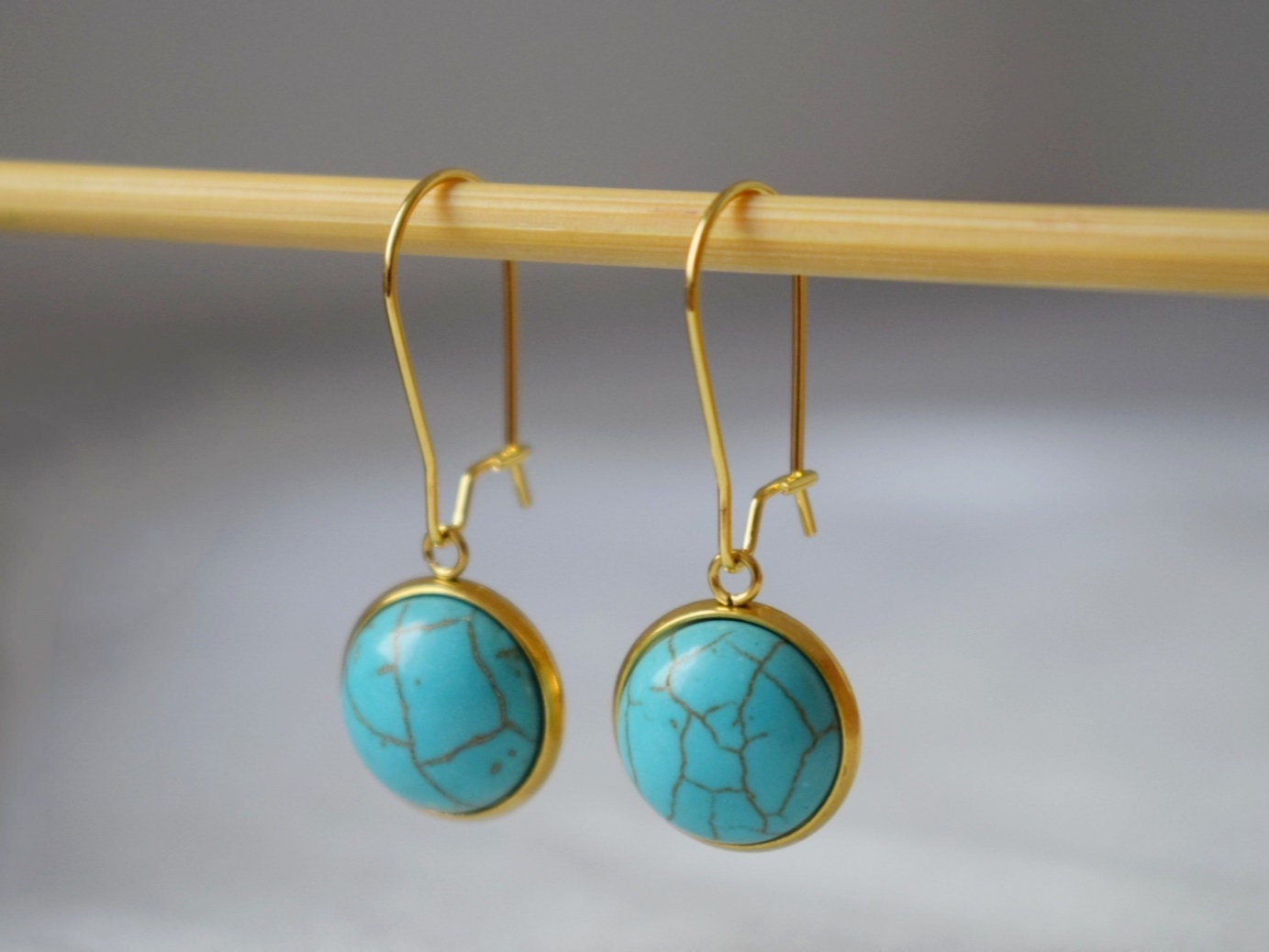 Turquoise earrings dangle, Gemstone hoop earrings gold, Round pendant hanging earrings, Lever back earrings, Turquoise jewelry, Gift for her