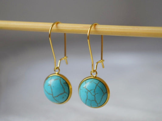 Turquoise earrings dangle, Gemstone hoop earrings gold, Round pendant hanging earrings, Lever back earrings, Turquoise jewelry, Gift for her