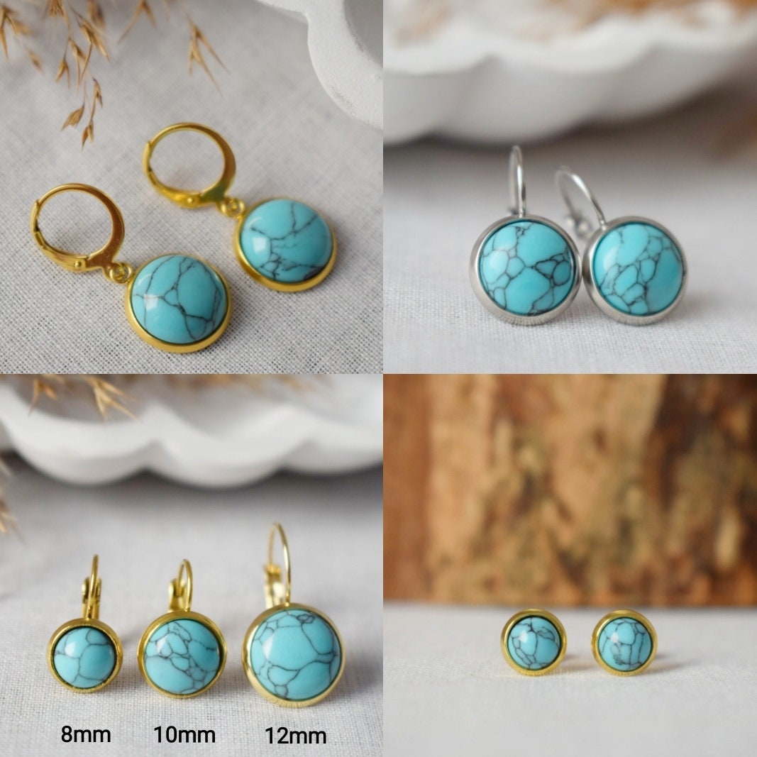 Turquoise earrings dangle, Gemstone hoop earrings gold, Round pendant hanging earrings, Lever back earrings, Turquoise jewelry, Gift for her