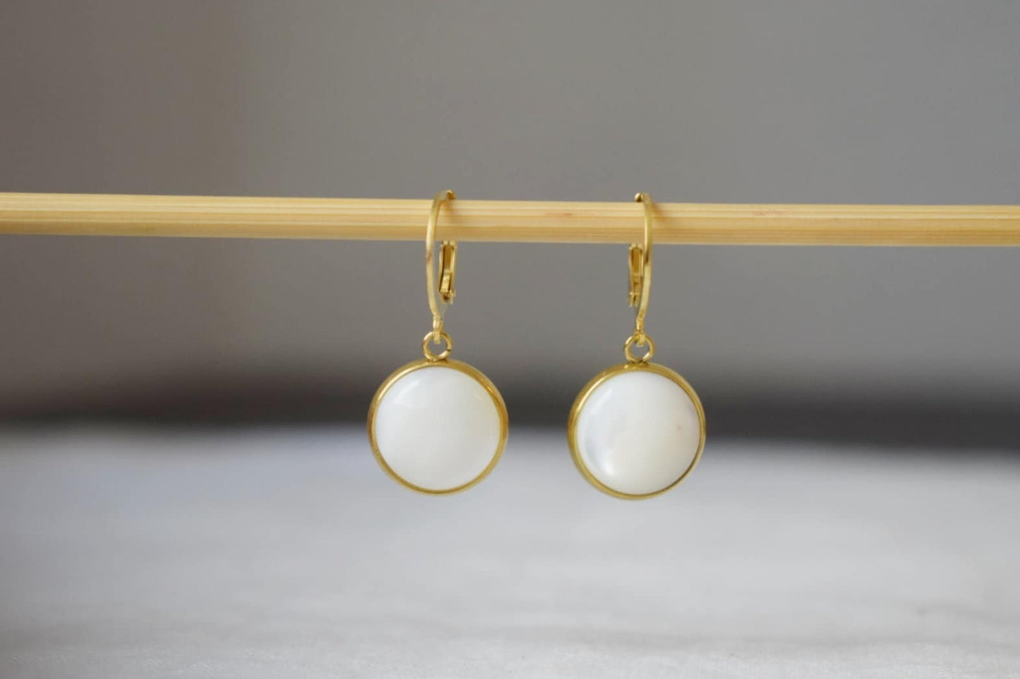Mother of pearl earrings with gold plated stainless steel huggie hoops 12mm round pendant jewelry gift for herBest christmas gift