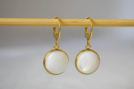 Mother of pearl earrings with gold plated stainless steel huggie hoops 12mm round pendant jewelry gift for herBest christmas gift