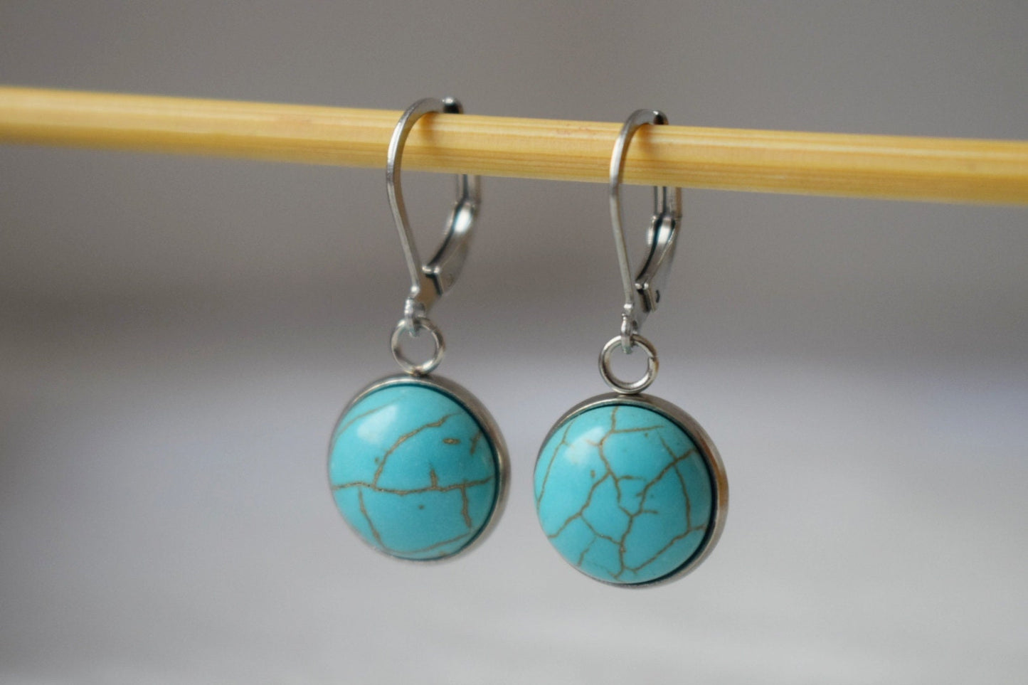 Turquoise Huggie Earrings, Blue Round Gemstone, Boho lightweight Jewelry, Surgical Stainless Steel Hoops, Best Gift For Her