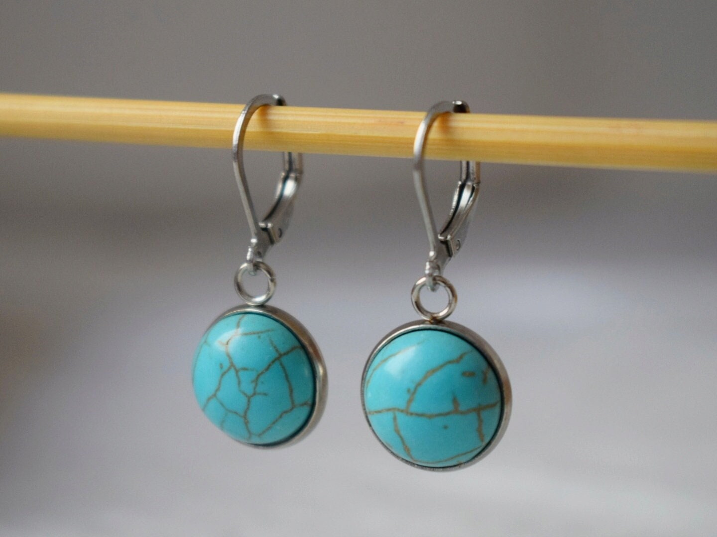 Turquoise Huggie Earrings, Blue Round Gemstone, Boho lightweight Jewelry, Surgical Stainless Steel Hoops, Best Gift For Her