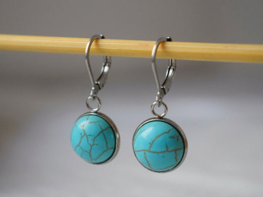 Turquoise Huggie Earrings, Blue Round Gemstone, Boho lightweight Jewelry, Surgical Stainless Steel Hoops, Best Gift For Her