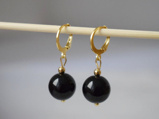 Black Agate Huggie Earrings, Gemstone Bead Hoop Earrings, Black Gold Color Earrings, Hanging Ball Stone Earrings, Jewelry Gift For Her