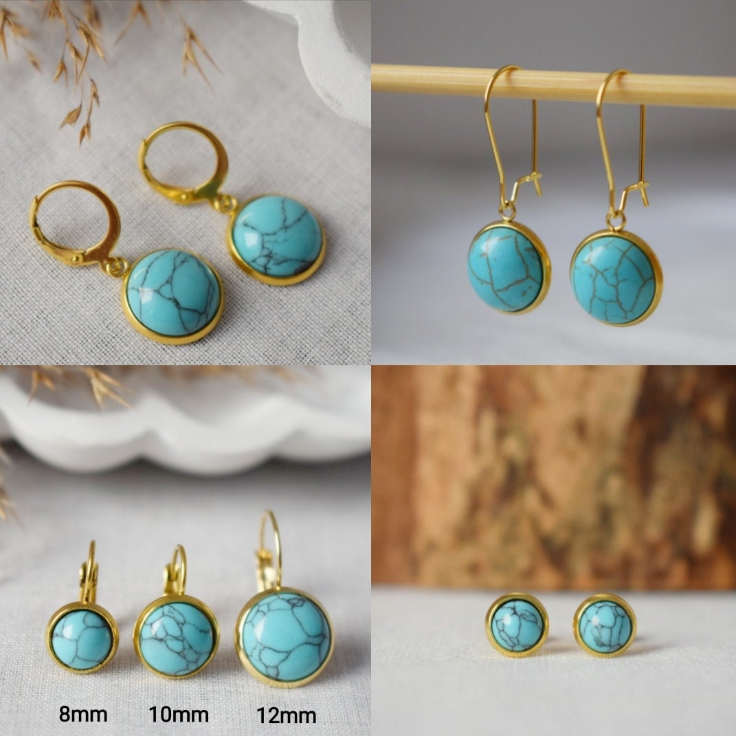 Turquoise Huggie Earrings, Blue Round Gemstone, Boho lightweight Jewelry, Surgical Stainless Steel Hoops, Best Gift For Her