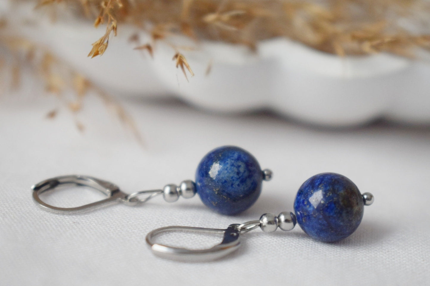 Earrings Lapis Lazuli Silver, Gemstone Blue Bead, Hoops, Lever Back, September Birthstone, Hanging ball stone earrings, Jewelry gift for her