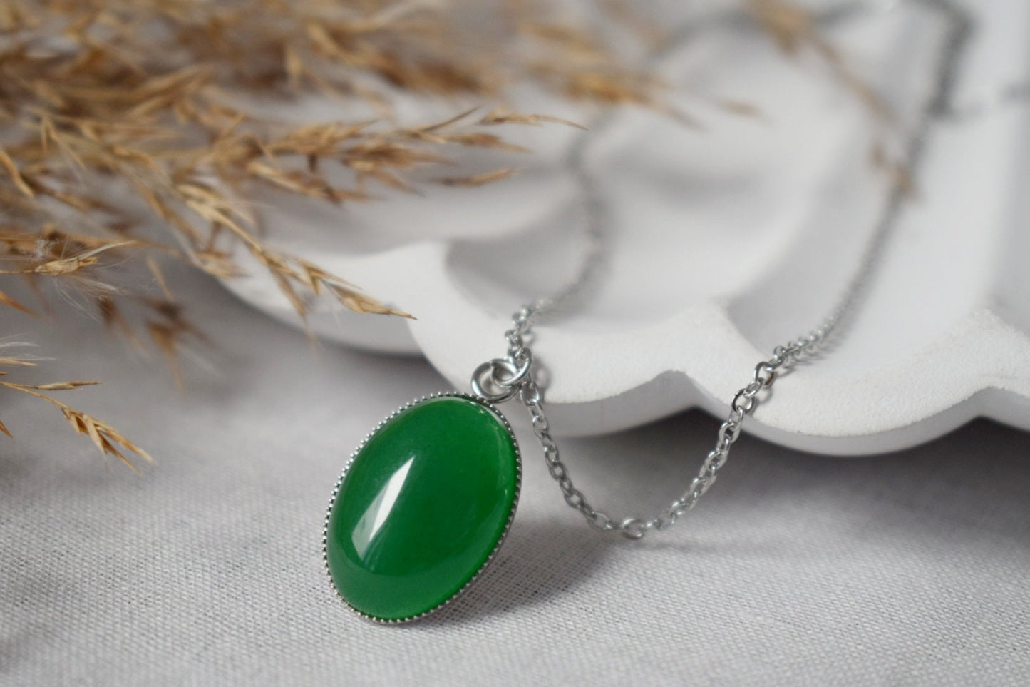 Green jade pendant necklace silver for women, Oval, Green necklace, Green gemstone necklace, Jade pendant, Handmade jewelry gift for her