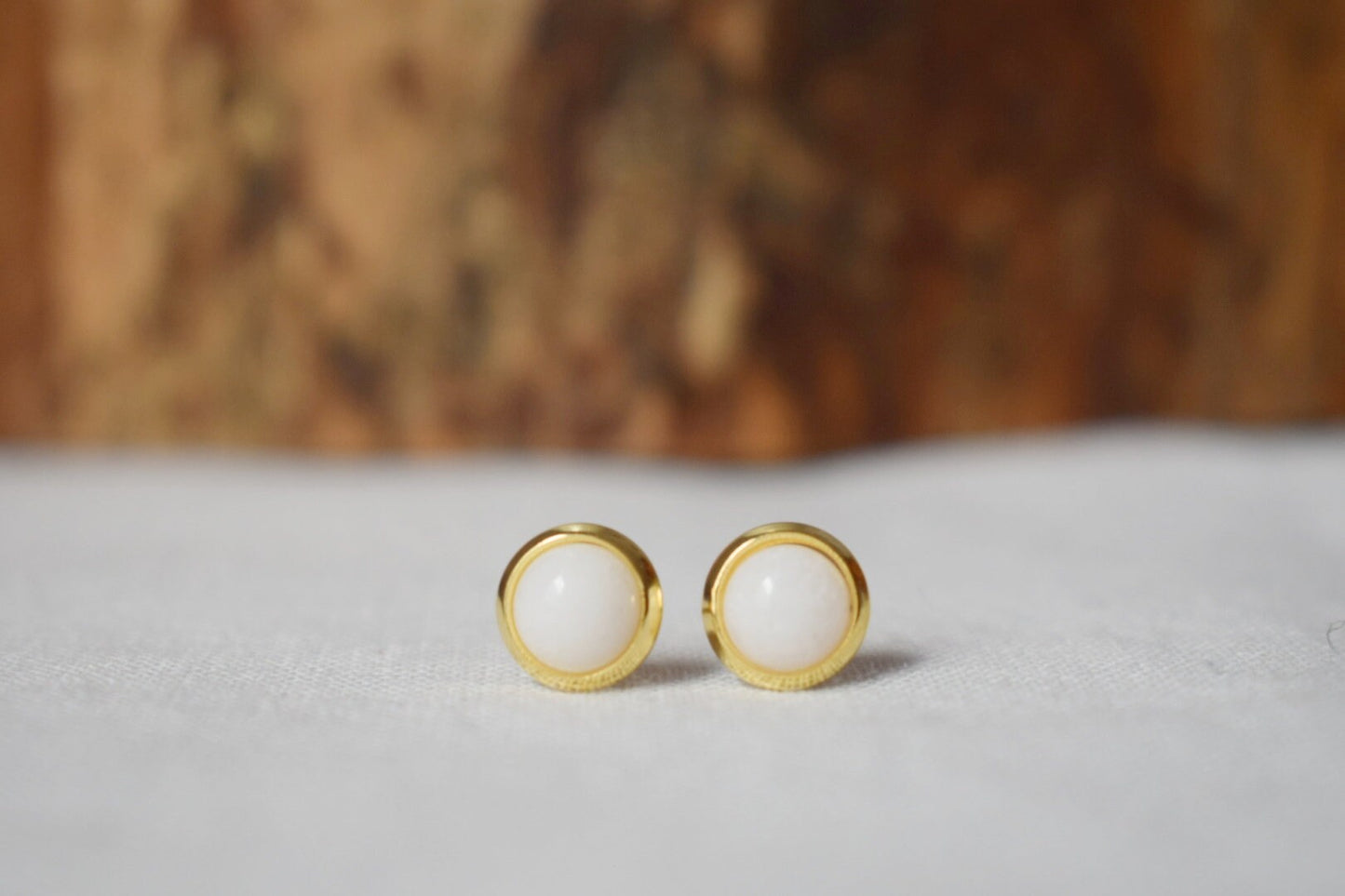 Mini Gemstone Stud Earrings, White jade studs, 6mm golden Push-back Earrings, Small round earrings, Minimalist jewelry, Mother's day gift