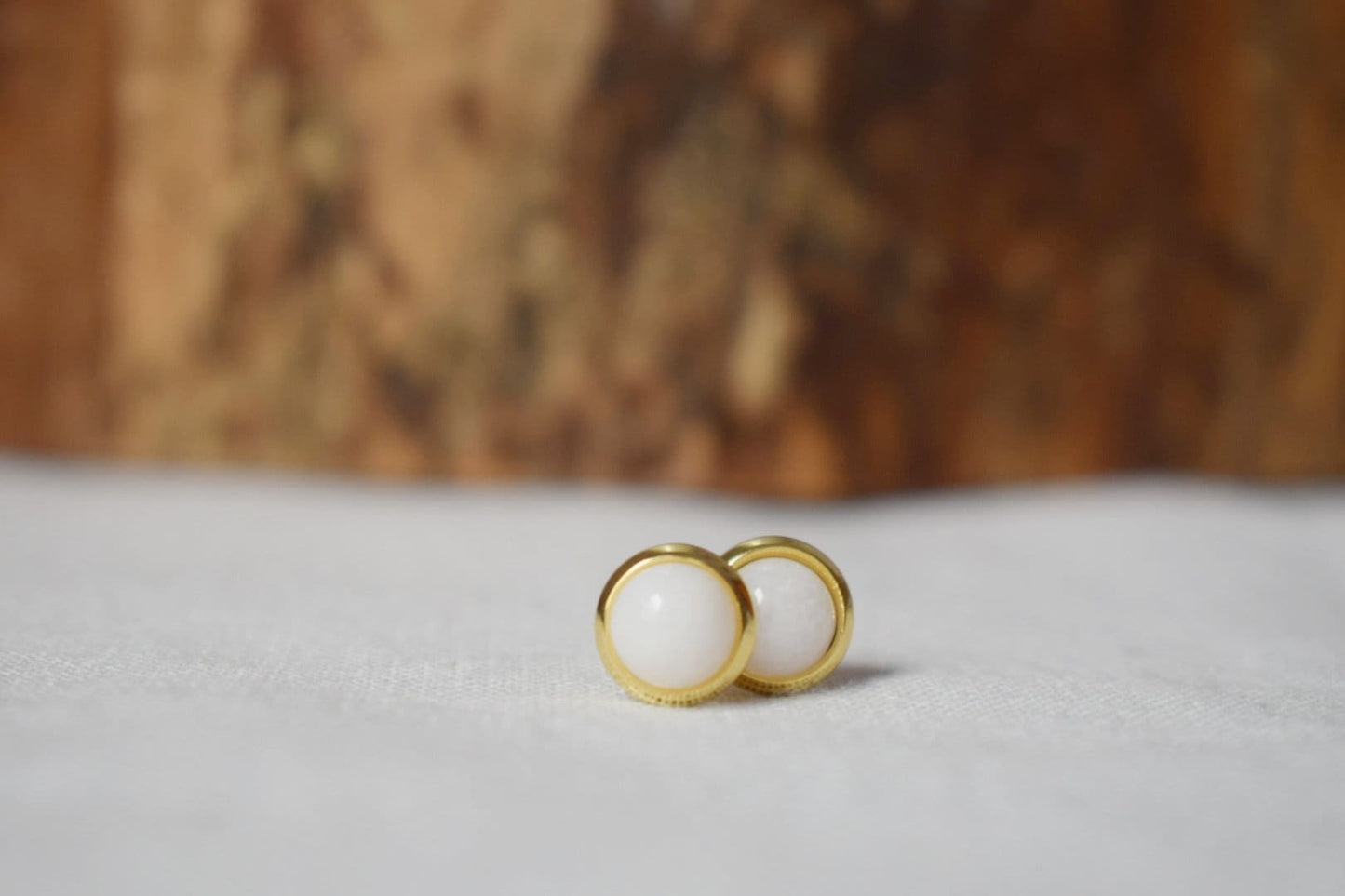 Mini Gemstone Stud Earrings, White jade studs, 6mm golden Push-back Earrings, Small round earrings, Minimalist jewelry, Mother's day gift
