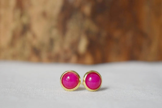 Mini pink jade stud earrings, 6mm Gemstone gold earrings, Small stone post earrings, Stainless steel, Jade jewelry, Handmade gift for her